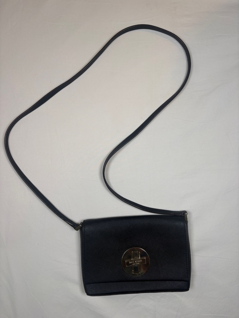 kate spade Black Leather Crossbody with Gold Turn-Lock Detail